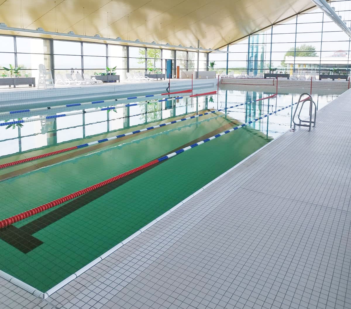 Leeres Hallenbad mit Schwimmbahnen, großen Fenstern und hellen Fliesen am Beckenrand